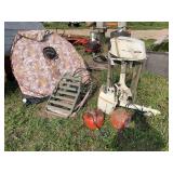 Collapsible deer blind, climber stand, & (2) 8 hp Sea King boat motors, row:8