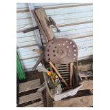 Tote of old hand tools, bldg;green