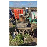 Small trailer, broad cast shovels, rakes, misc. row:6