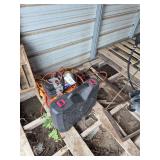 Air compressor with no tank, nail gun, & pile of electric cords, bldg:green