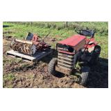 Massey Ferguson 12 lawn tractor, (2) mower decks, lug tire on back w/ chains, and (1) Snowblower, row:11