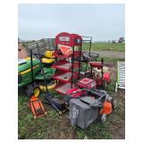 (2) Honda generators, Simplicity snow blower, Husqvarna push mower, (2) shelves, & (2) floor jacks, row:4