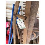 (2) Cross cut saws, pickax, steer stanchion, scythe, 29' buzz saw blade; bld: locked