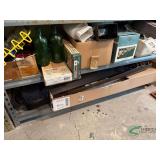 Contents of shelves, glass bottles, lights, rain gutter accessories and parts, ratchet tie downs