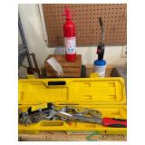 Come-A-Long, Propane torch, fire extinguishers and small wooden crate