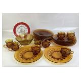 Tiara Bowl, Amber Glass Cups and Snack Plates, Red