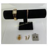 Gold-Tone Watch, Filigree Earrings, 14K Gold Black