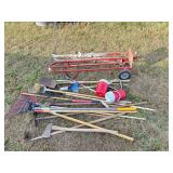 Garden tools, drink coolers, dolly, axe, skis
