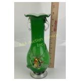 Green Art Glass Vase with Applied Flowers and Hand