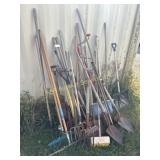 Large lot Garden Tools; shovels, rakes, more