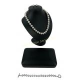 Silver Pearl Necklace, Bracelet, Earrings