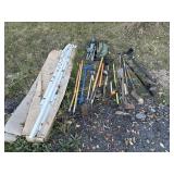 Garden tools, folding chairs, plastic fencing