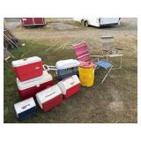 6 coolers, 3 folding lawnchairs