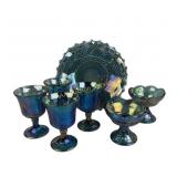 Indiana Glass Blue Iridescent Glass Goblets, Bowl,