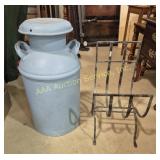 Milk Can Painted Blue & Wrought Iron Folding Wood