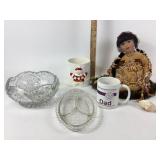 Native American Porcelain Doll, Crystal Serving Di