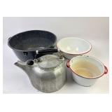 Griswold Cast Aluminum Teapot, Enamelware Bowls