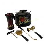 Bar Tools, Painted Teapot, Ruby Glass Vase