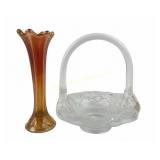 Fenton satin glass waterlily basket, old carnival