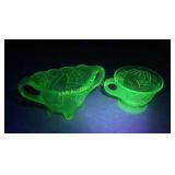 Green Uranium Glass Creamer, Sugar Bowl