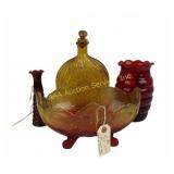 Amberina Glass Bowl, Ruby Vases, Amber Decanter