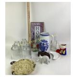 Glass Shades, Blue Willow Pitcher, Sad Iron, Bird