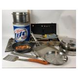 Lodge Cast Iron Skillet, Miller Lite Tin, Camping