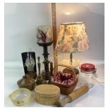 Lamp, Candle holder Glassware, Brass Bells, Basket