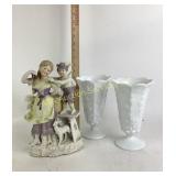 Porcelain Figurine, Milk Glass Vases