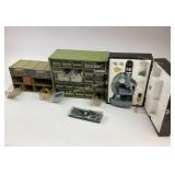 Plastic and Metal parts organizer, microscope in