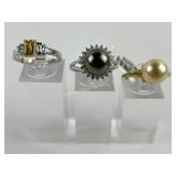 (3) 925 Sterling Silver Rings with Pearl and Gemst