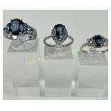 (3) 925 Sterling Silver Rings with Blue Gemstones