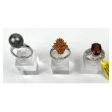 (3) 925 Sterling Silver Rings with Gemstone and Pe
