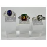 (3) 925 Sterling Silver Rings with Gemstones weigh