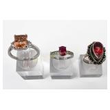 (3) 925 Sterling Silver Rings with Red, Pink, and