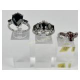 (3) 925 Sterling Silver Rings with Black and Red G