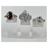 (3) 925 Sterling Silver Rings with Clear and Red G