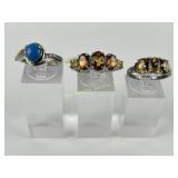 (3) 925 Sterling Silver Rings with Gemstone Accent