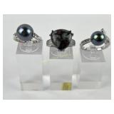 (3) 925 Sterling Silver Rings with Black Pearls an