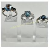 (3) 925 Sterling Silver Rings featuring Blue Gemst