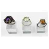 (3) 925 Sterling Silver Rings with Gemstone Accent