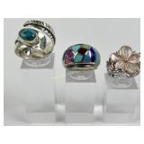 (3) Sterling Rings w/MOP, Turquoise & Other Stones