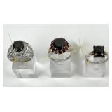 (3)  925 Sterling Silver Rings with Black and Red