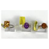 (3) 925 Sterling Silver Rings with Gemstone Accent