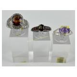 (3) 925 Sterling Silver Rings with Gemstones weigh