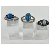 (3) 925 Sterling Silver Rings with Turquoise Blue