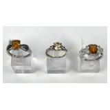 (3) 925 Sterling Silver Rings with Yellow and Oran
