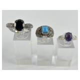 (3) 925 Sterling Silver Rings with Gemstone Accent