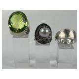 (3) Sterling Rings, (1) w/Green Stone & (1) w/Faux