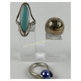 (3) Sterling Rings, (1) w/Iridescent Glass Marble